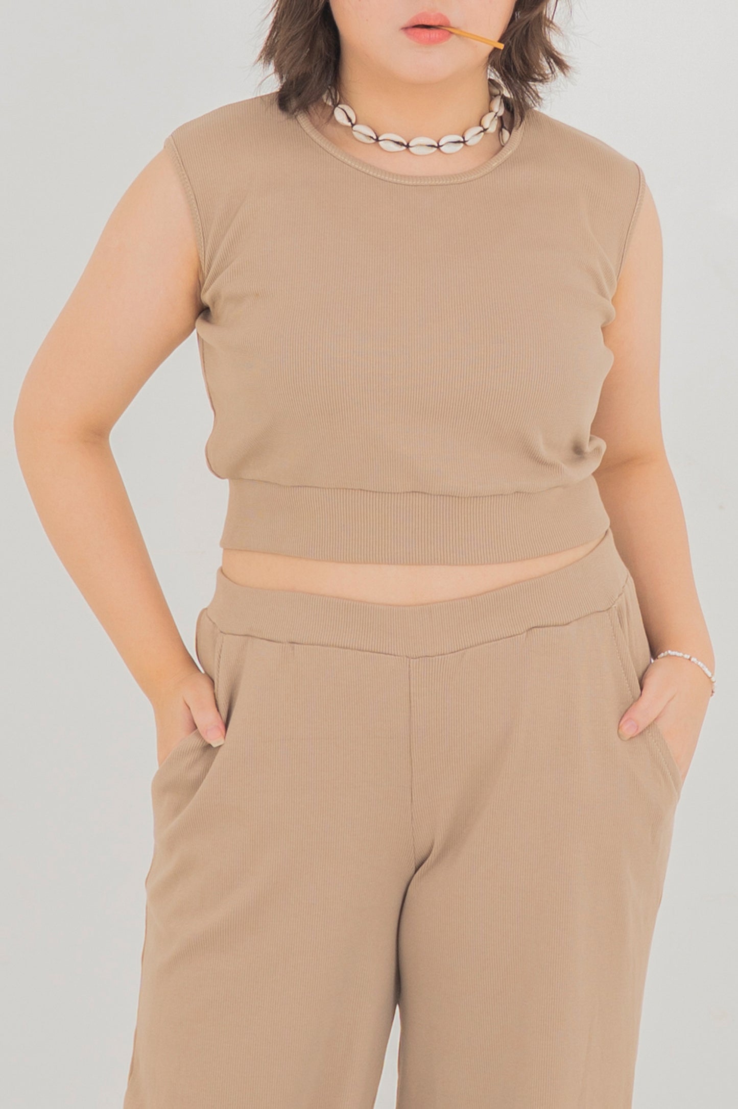 3pc beige ribbed set