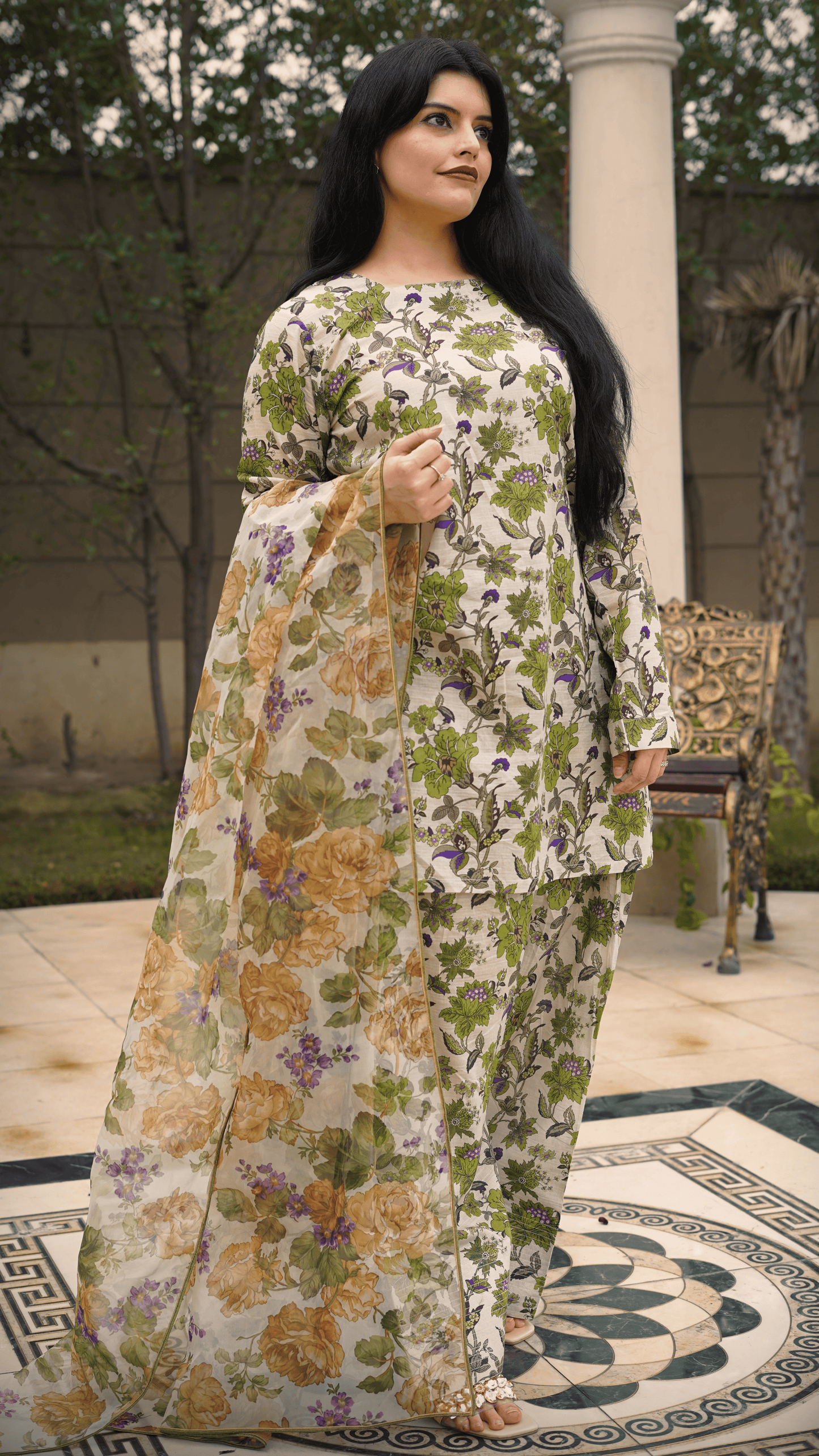 Beige Floral Farshi 3pc Set
